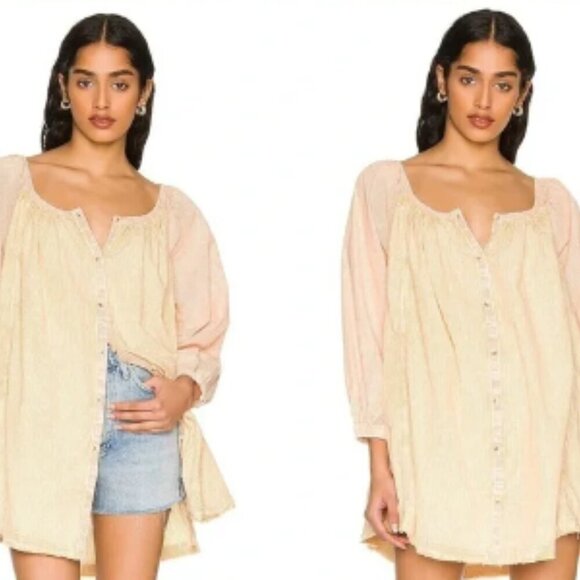 We The Free Tops - Free People We The Free Women Sz Large Orange Yellow Striped Oxford Swing Tunic